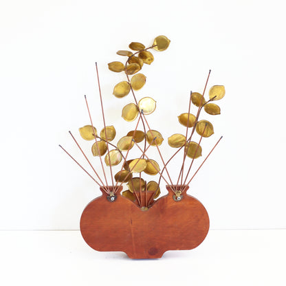 SOLD - Mid Century Modern Wood & Brass Plant Wall Hanging