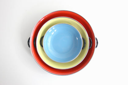 SOLD - Colorful Vintage Enamel Paella Pans / Mid Century Enamel Cookware