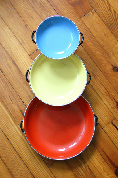 SOLD - Colorful Vintage Enamel Paella Pans / Mid Century Enamel Cookware