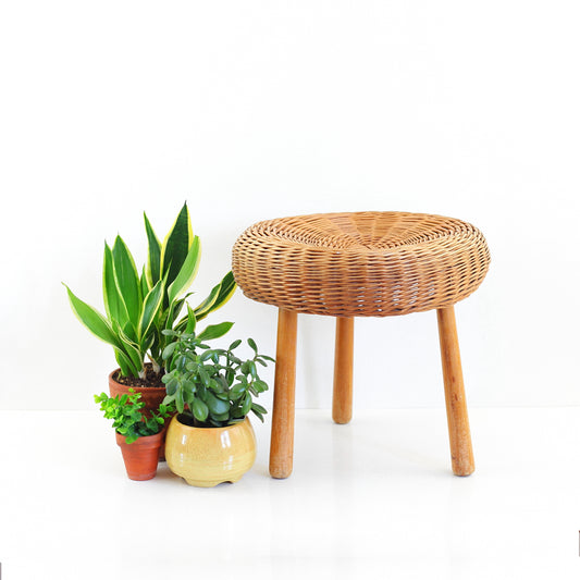 SOLD - Mid Century Tony Paul Style Wicker & Wood Tripod Plant Stand