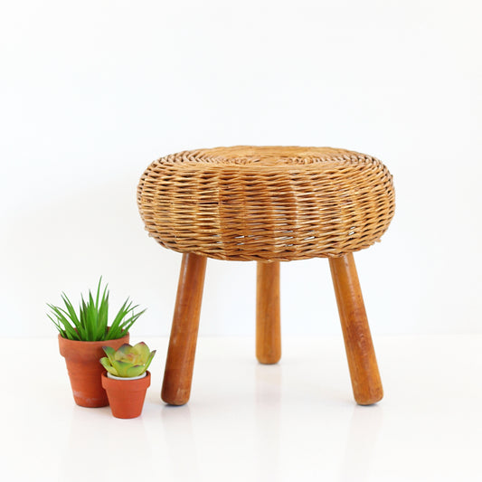 SOLD - Mid Century Tony Paul Style Wicker and Wood Small Tripod Stool