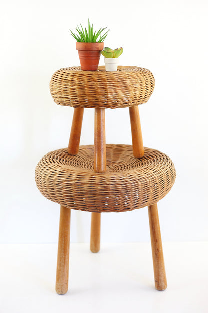 SOLD - Mid Century Tony Paul Style Wicker & Wood Tripod Plant Stand