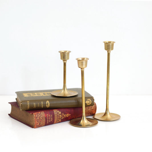 SOLD - Mid Century Graduated Brass Candlesticks - Set of Three