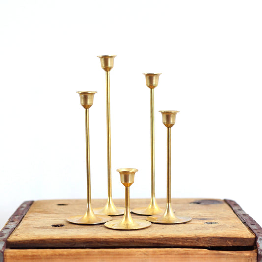 SOLD - Mid Century Graduated Brass Candlesticks - Set of Five