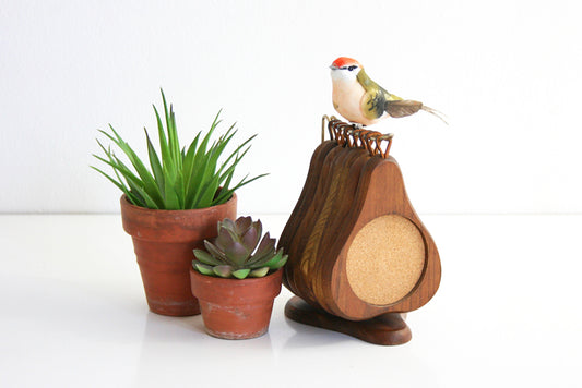 SOLD - Mid Century Wood Pear Coasters With Storage Rack