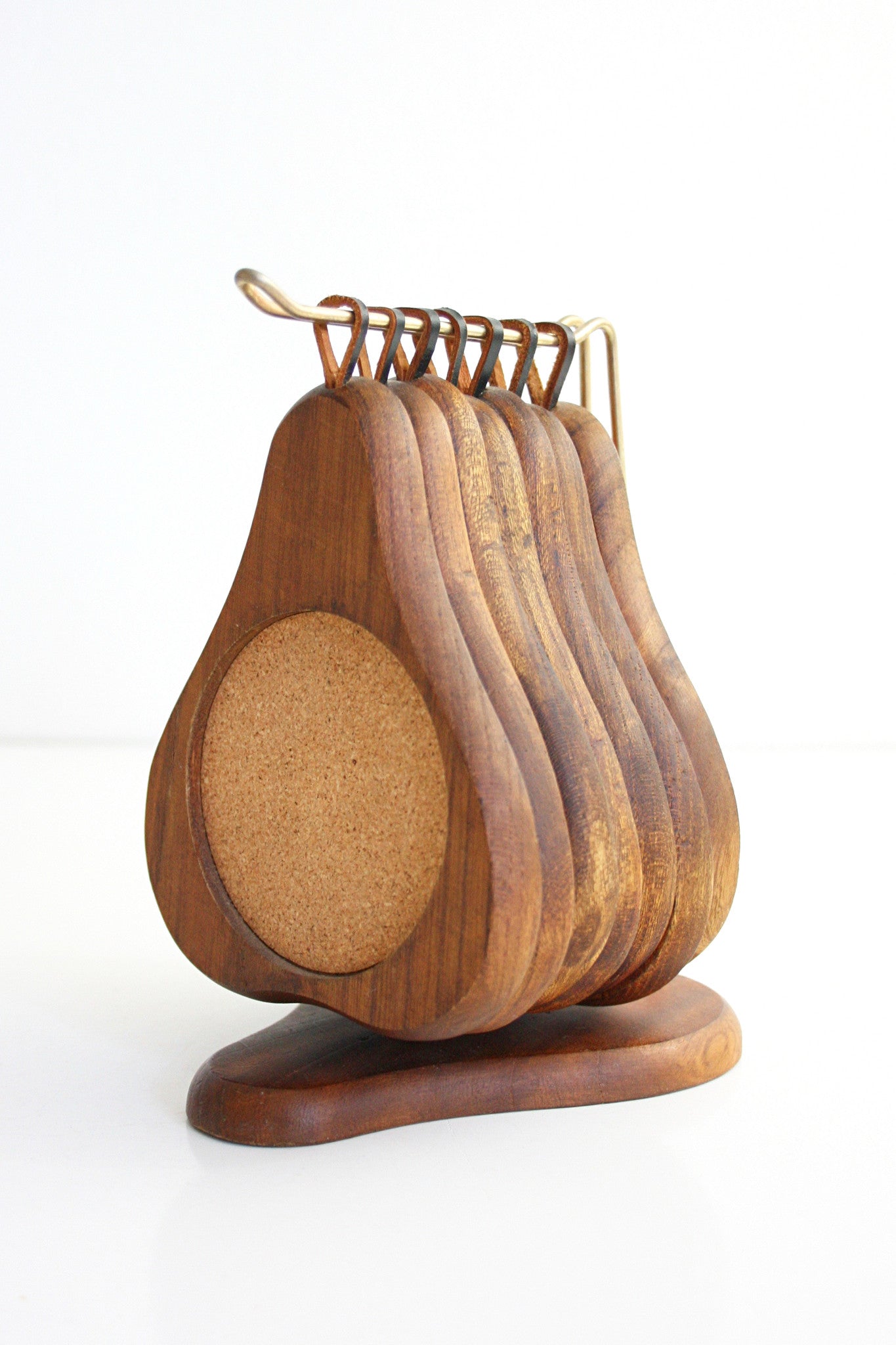 SOLD - Mid Century Wood Pear Coasters With Storage Rack