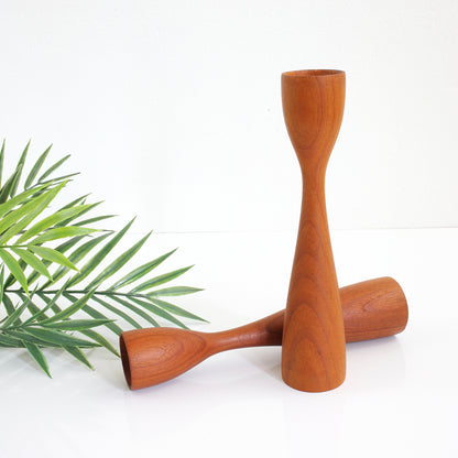 SOLD - Danish Modern Teak Wood Tulip Candlesticks by Artiform Denmark