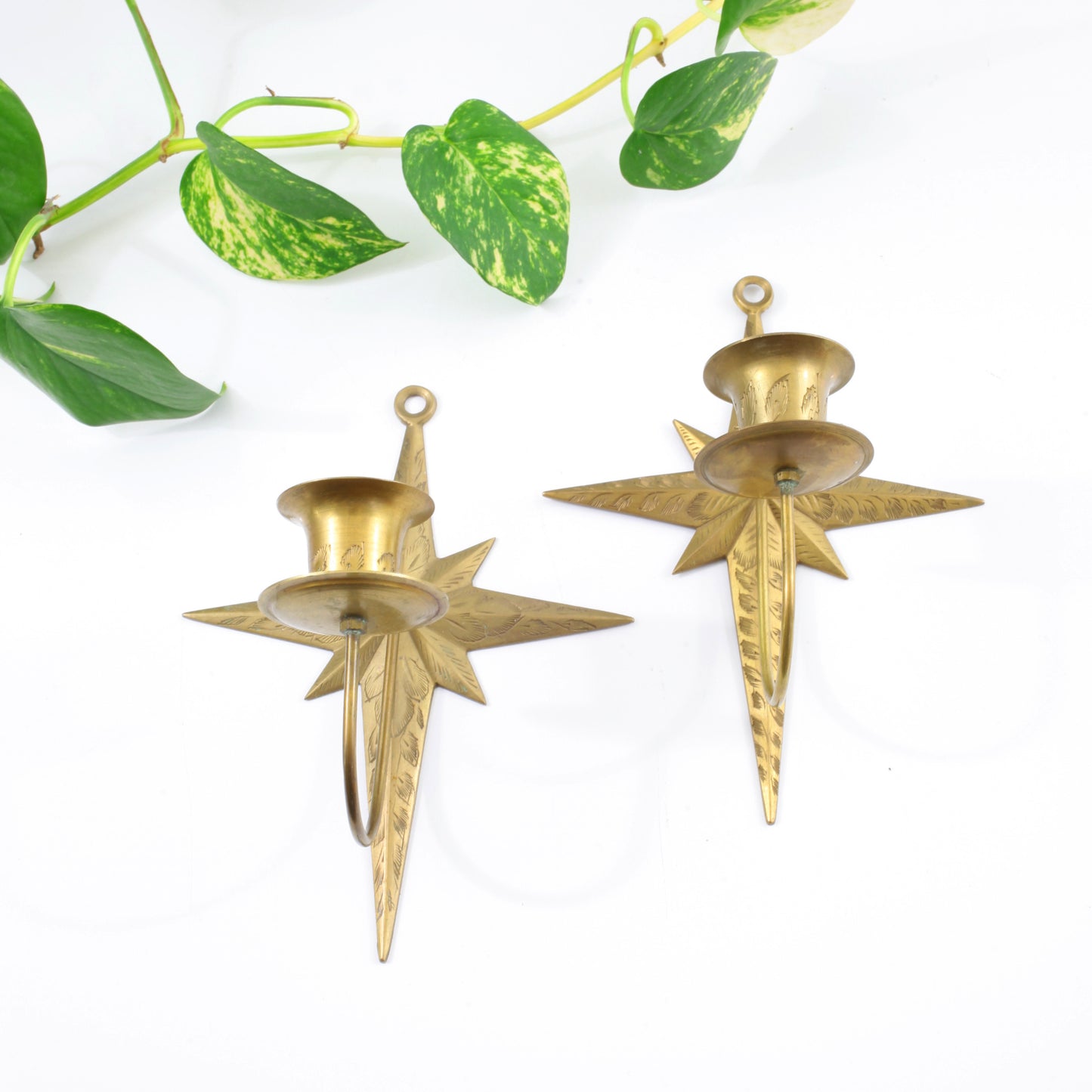 SOLD - Mid Century Modern Brass Starburst Wall Sconce Candle Holders