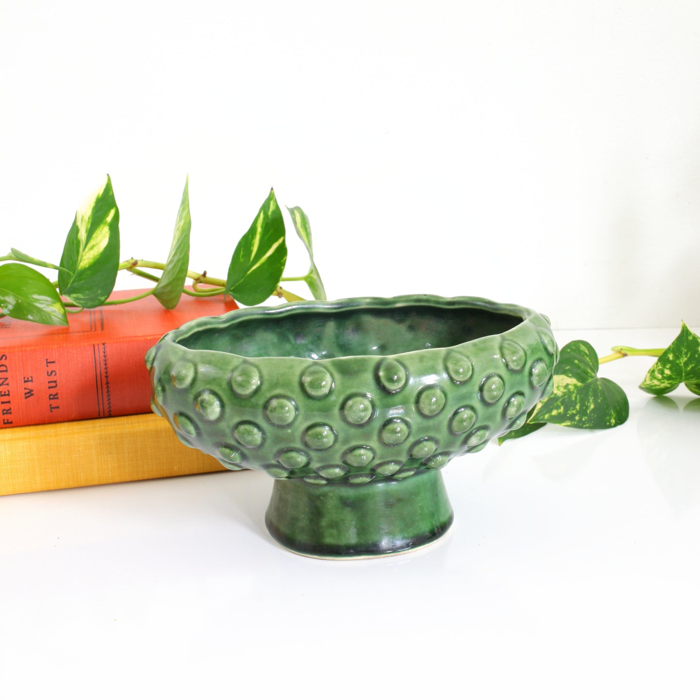SOLD - Mid Century Green Hobnail Pedestal Planter