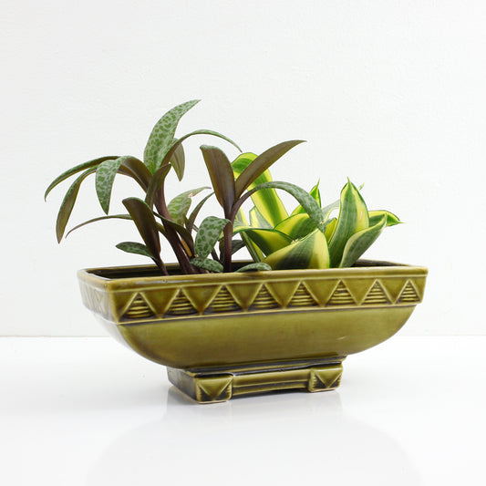 SOLD - Mid Century Avocado Green Geometric Pedestal Planter