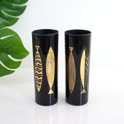 SOLD - Mid Century Modern Black & Gold Fred Press Fish Glasses