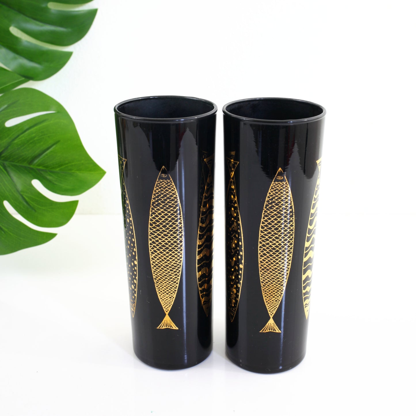 SOLD - Mid Century Modern Black & Gold Fred Press Fish Glasses