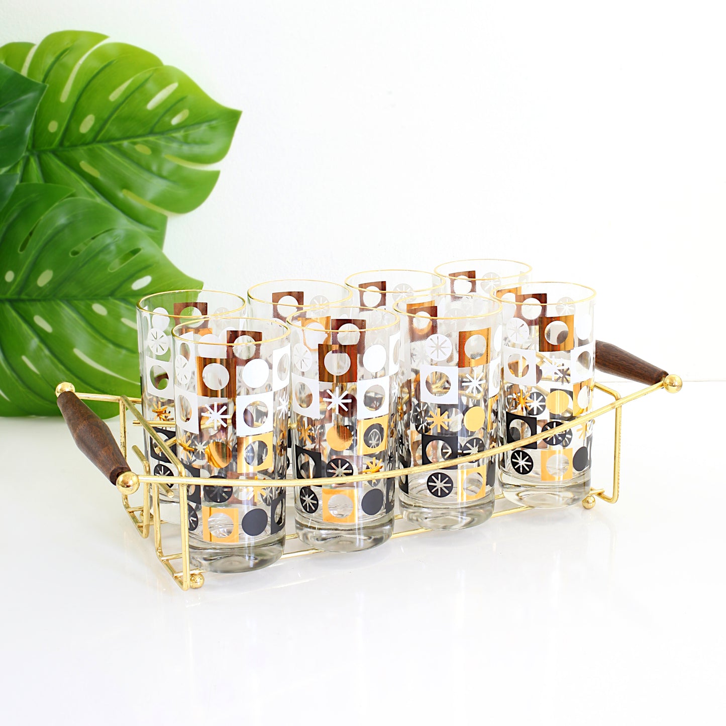 SOLD - Mid Century Black White & Gold Atomic Cocktail Glasses with Caddy