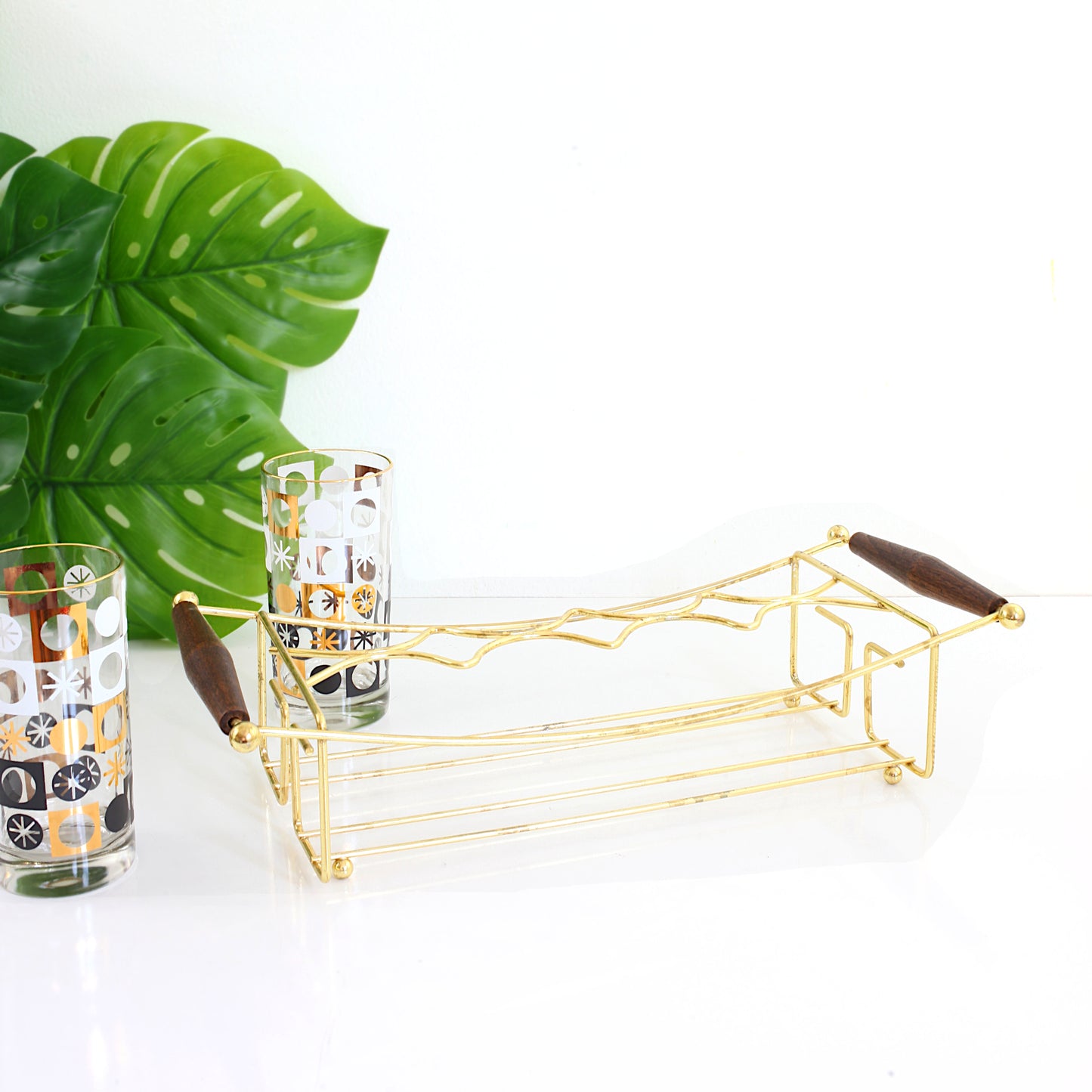 SOLD - Mid Century Black White & Gold Atomic Cocktail Glasses with Caddy