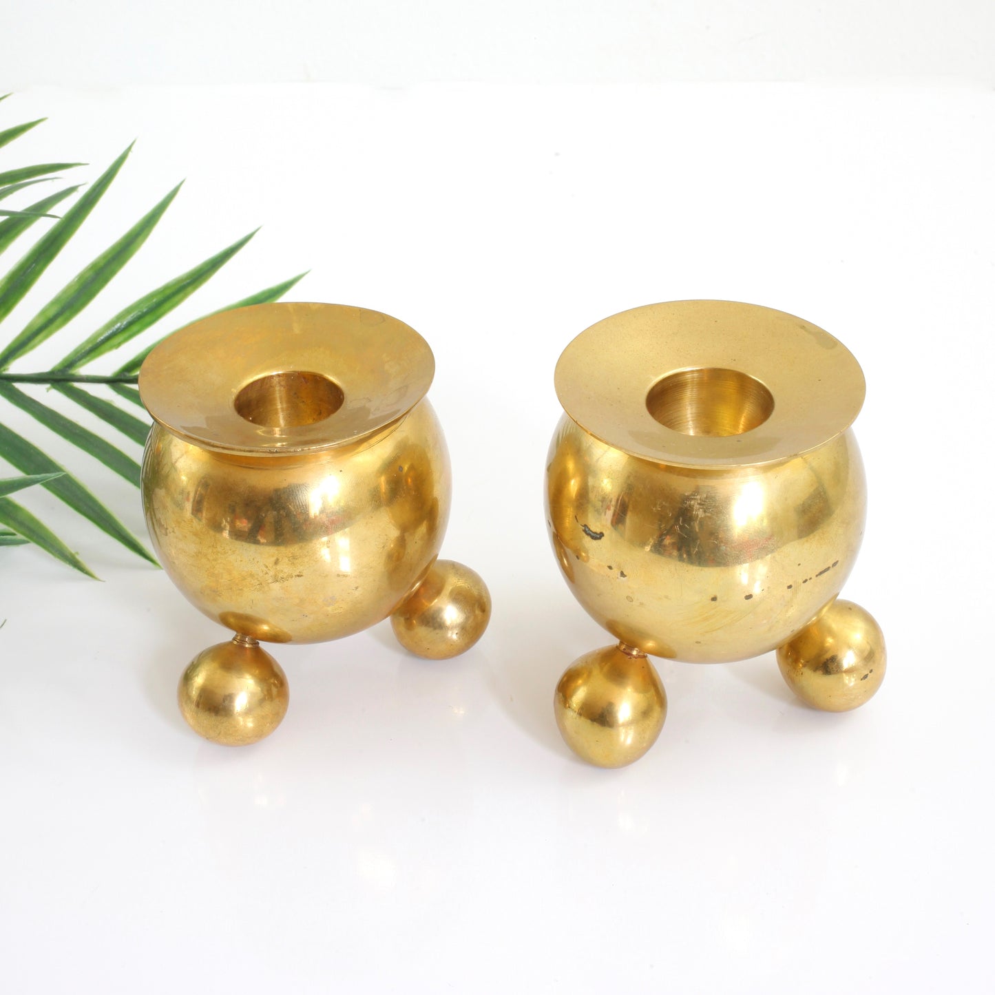SOLD - Vintage Pair of Bauhaus Brass Sphere Candlesticks