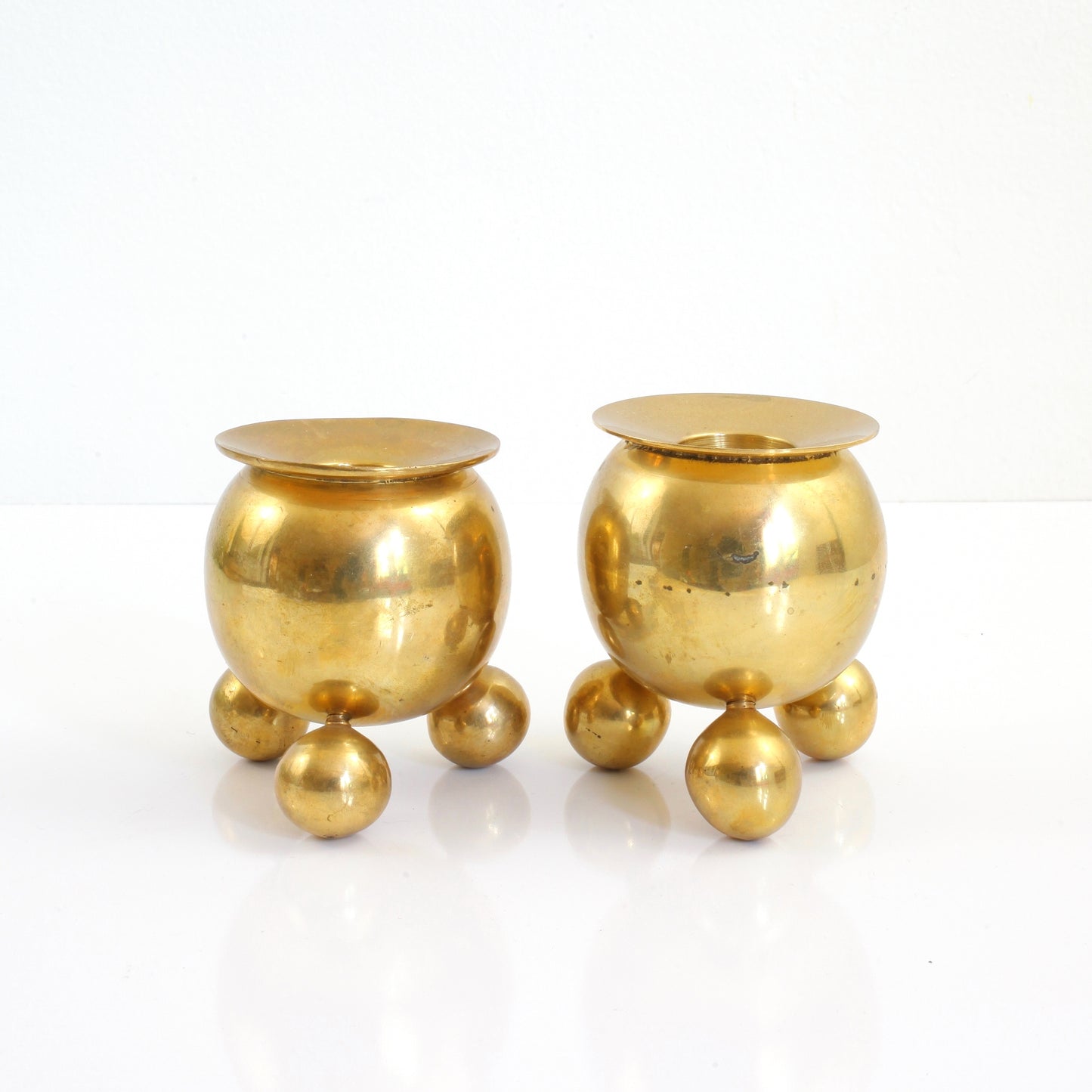 SOLD - Vintage Pair of Bauhaus Brass Sphere Candlesticks