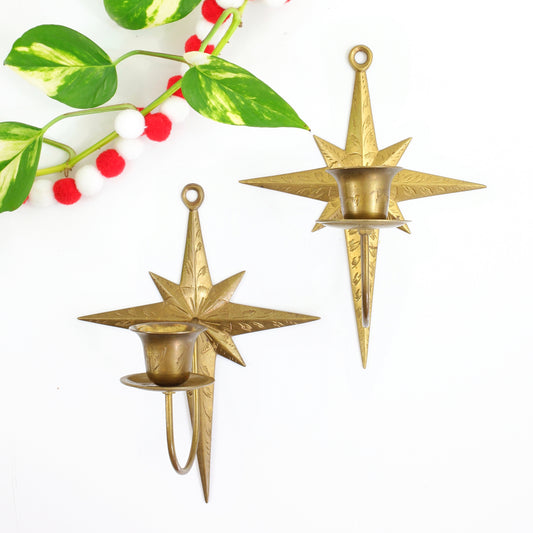 SOLD - Mid Century Modern Brass Starburst Wall Sconce Candle Holders