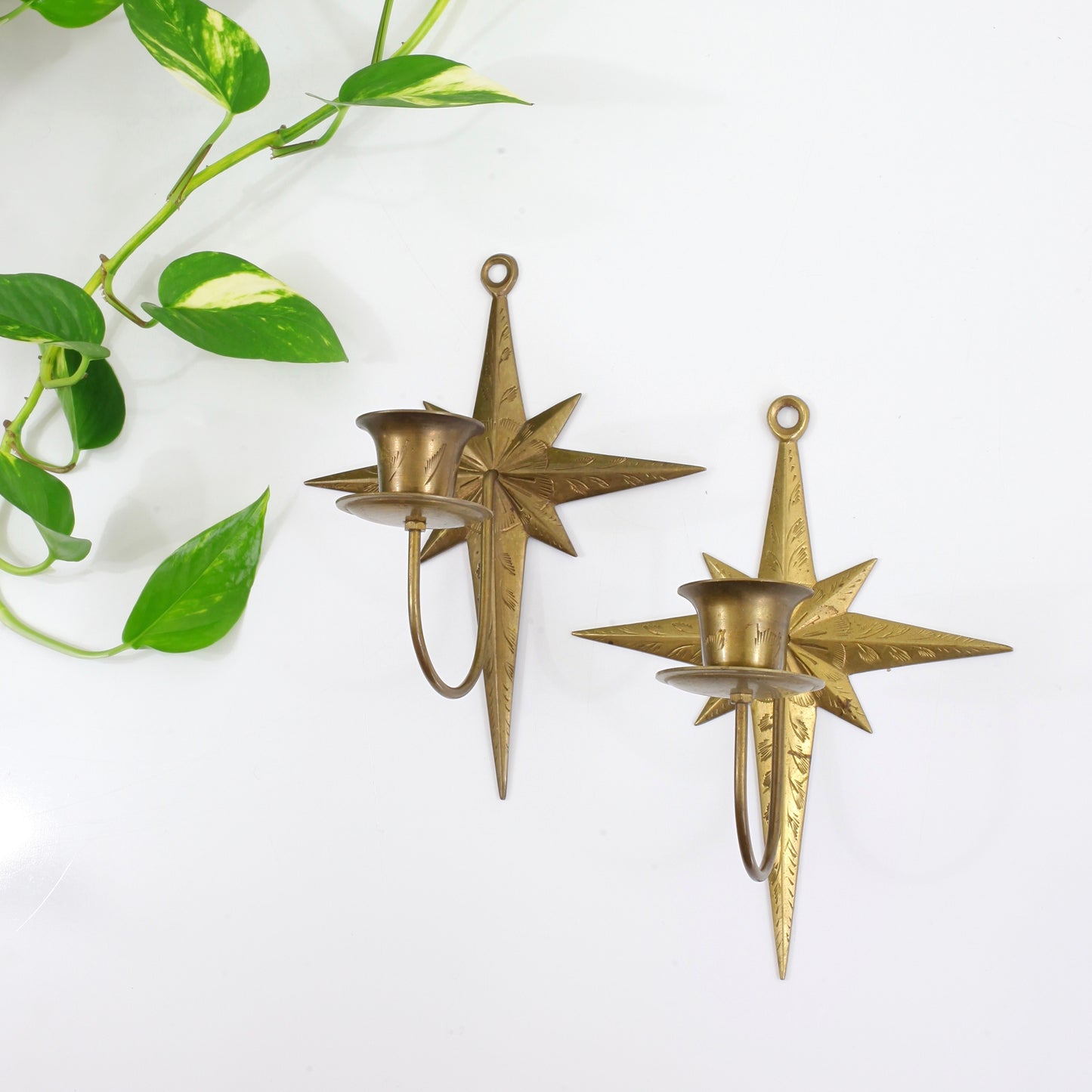 SOLD - Mid Century Modern Brass Starburst Wall Sconce Candle Holders