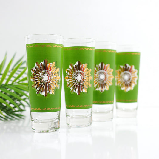 SOLD - Mid Century Modern Green & Gold Starburst Glasses by Federal Glass
