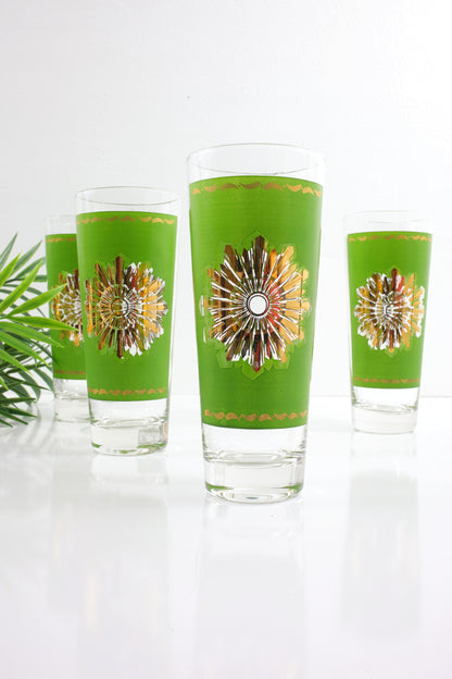 SOLD - Mid Century Modern Green & Gold Starburst Glasses by Federal Glass