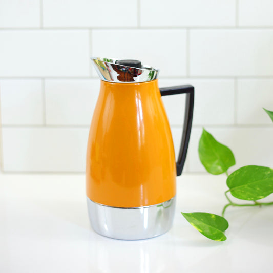 SOLD - Mid Century Modern Mustard Enamel & Chrome Insulated Carafe