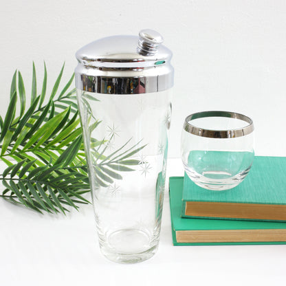 SOLD - Mid Century Modern Starburst Etched Glass Cocktail Shaker