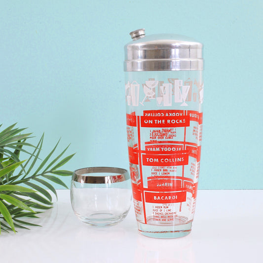 SOLD - Mid Century Red & White Recipes Cocktail Shaker