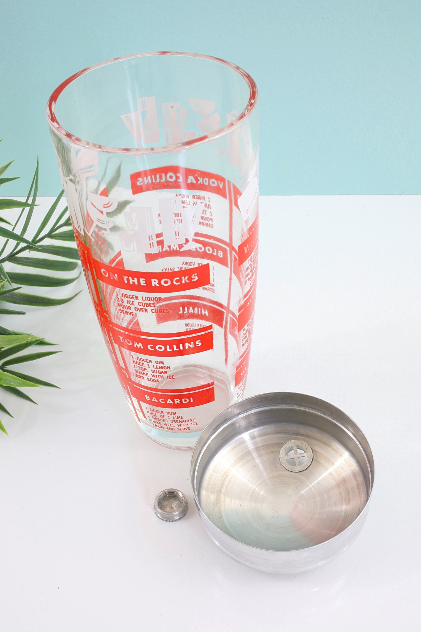 SOLD - Mid Century Red & White Recipes Cocktail Shaker
