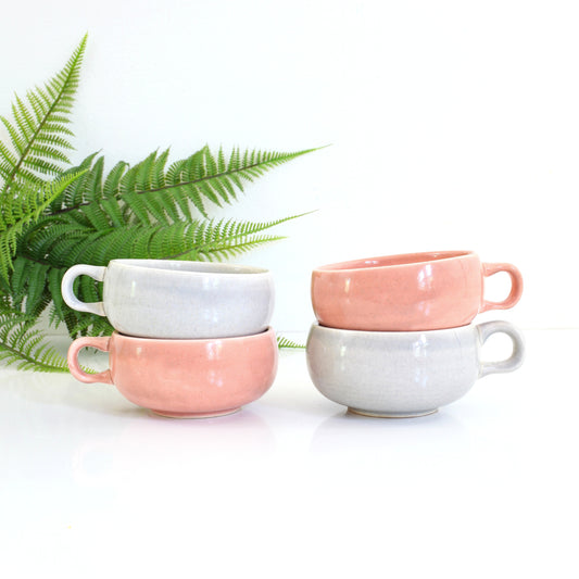 SOLD - Mid Century American Modern Coffee Cups in Coral & Gray by Russel Wright for Steubenville
