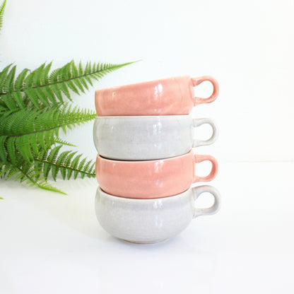 SOLD - Mid Century American Modern Coffee Cups in Coral & Gray by Russel Wright for Steubenville