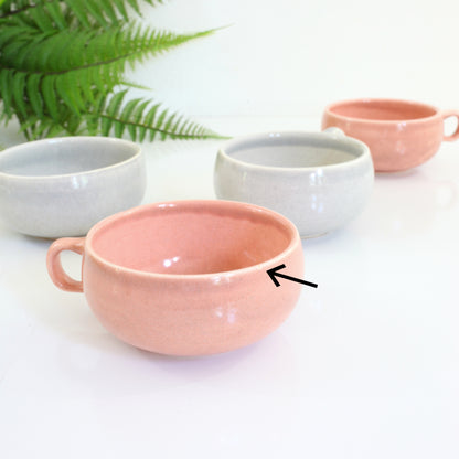 SOLD - Mid Century American Modern Coffee Cups in Coral & Gray by Russel Wright for Steubenville