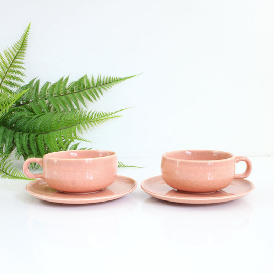 SOLD - Mid Century American Modern Coral Coffee Cups & Saucers by Russel Wright for Steubenville