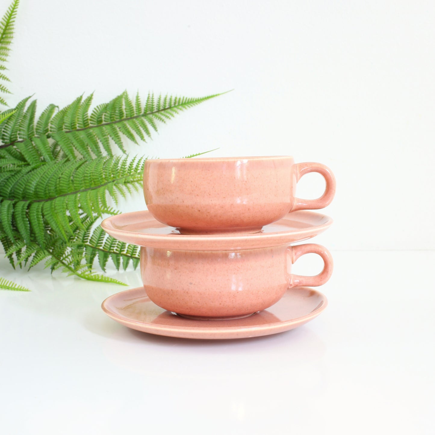 SOLD - Mid Century American Modern Coral Coffee Cups & Saucers by Russel Wright for Steubenville