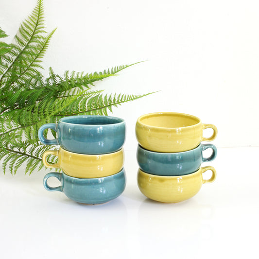 SOLD - Mid Century American Modern Coffee Cups by Russel Wright for Steubenville / Chartreuse & Seafoam