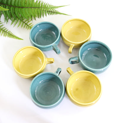 SOLD - Mid Century American Modern Coffee Cups by Russel Wright for Steubenville / Chartreuse & Seafoam
