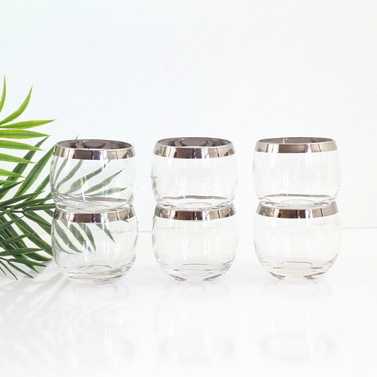SOLD - Mid Century Silver Rimmed 8oz Roly Poly Cocktail Glasses