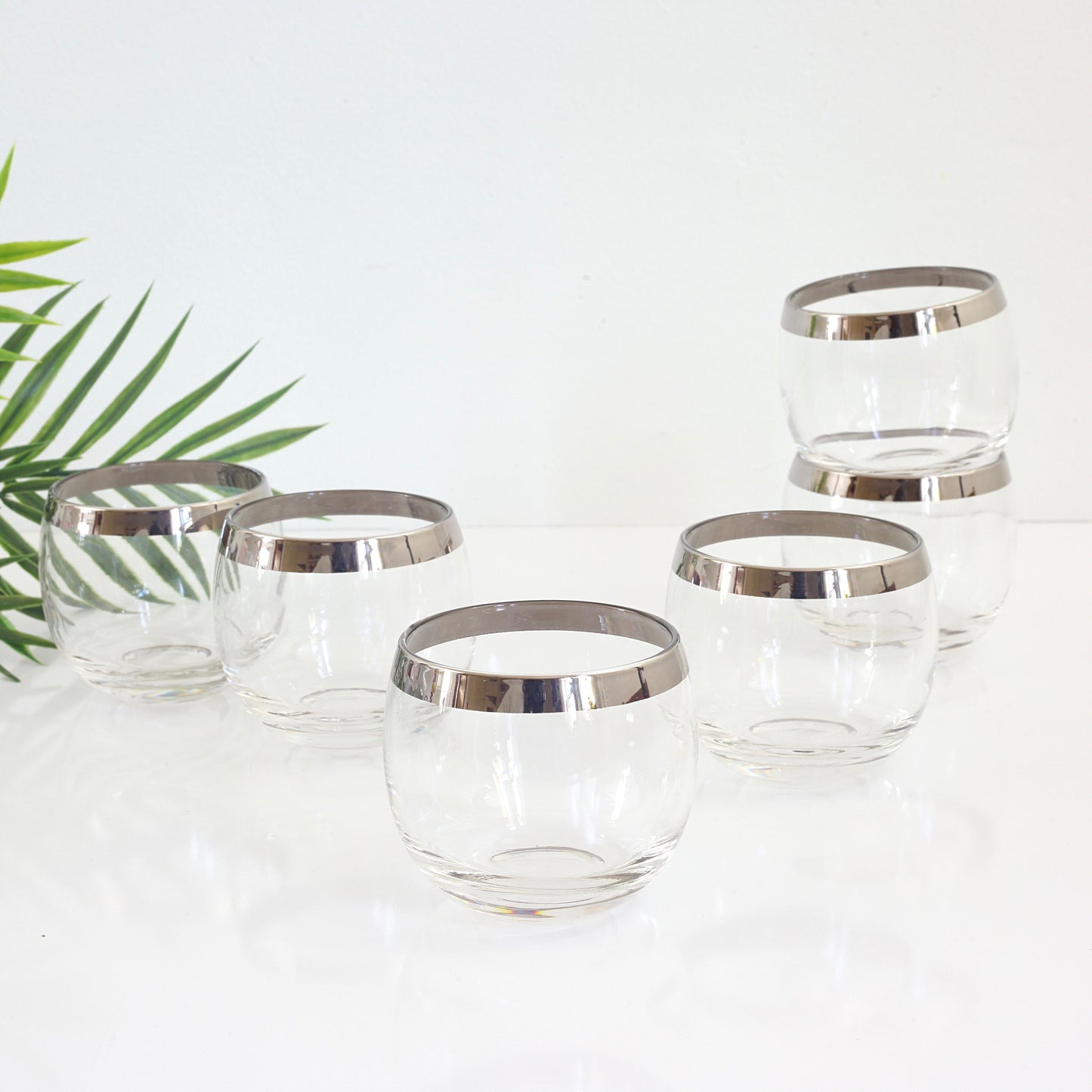 SOLD - Mid Century Silver Rimmed 8oz Roly Poly Cocktail Glasses