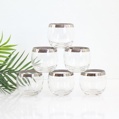 SOLD - Mid Century Silver Rimmed 8oz Roly Poly Cocktail Glasses