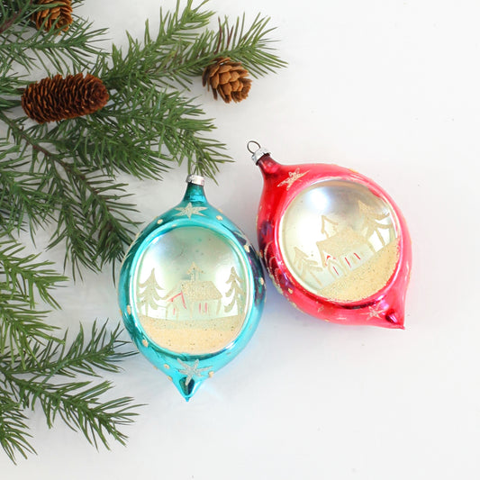 SOLD - Mid Century Snowy Village Starburst Teardrop Ornaments