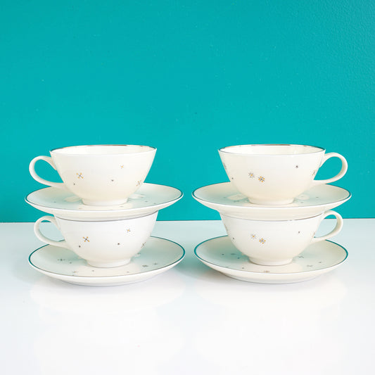 SOLD - Mid Century Modern Starburst Cups & Saucers / Syracuse China Evening Star