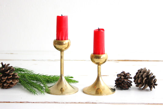 SOLD - Pair of Vintage Brass Candlesticks / Mid Century Modern Brass Candlesticks