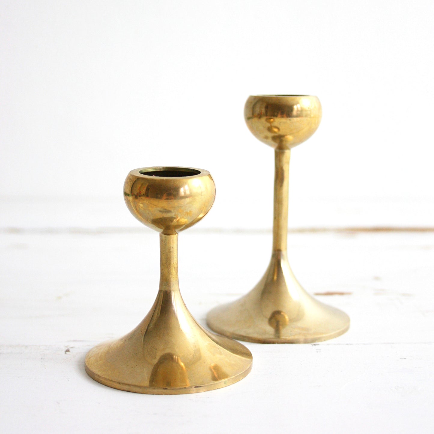 SOLD - Pair of Vintage Brass Candlesticks / Mid Century Modern Brass Candlesticks