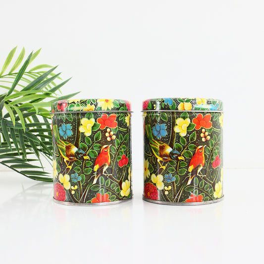 SOLD - Pair of Vintage Tin Canisters / Birds & Flowers