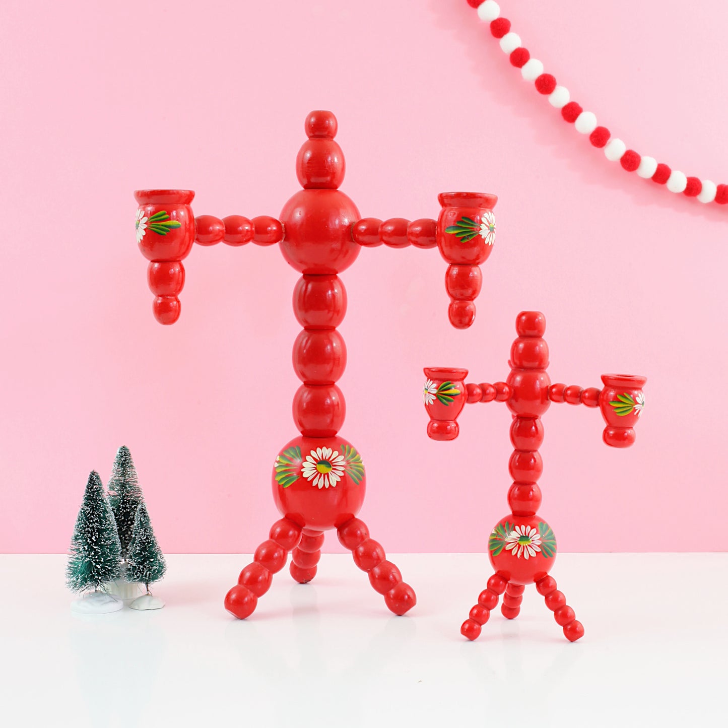 SOLD - Small Vintage Red Swedish Wood Ball Candelabra
