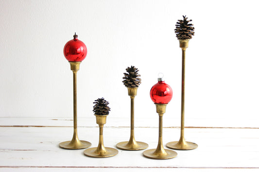 SOLD - Vintage Graduated Brass Candlesticks / Set of Five Mid Century Modern Brass Candlesticks