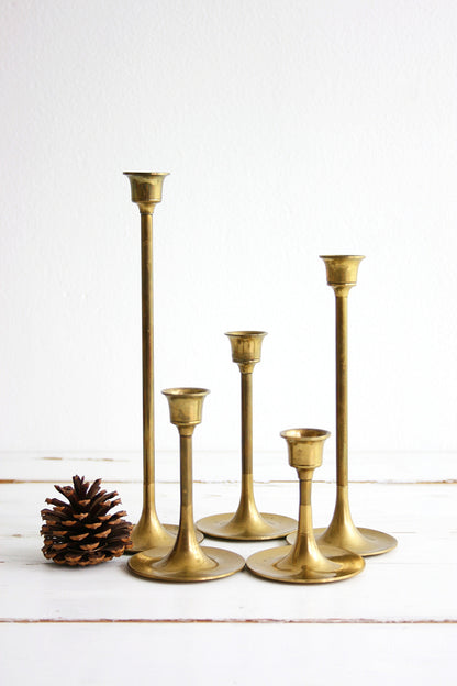 SOLD - Vintage Graduated Brass Candlesticks / Set of Five Mid Century Modern Brass Candlesticks