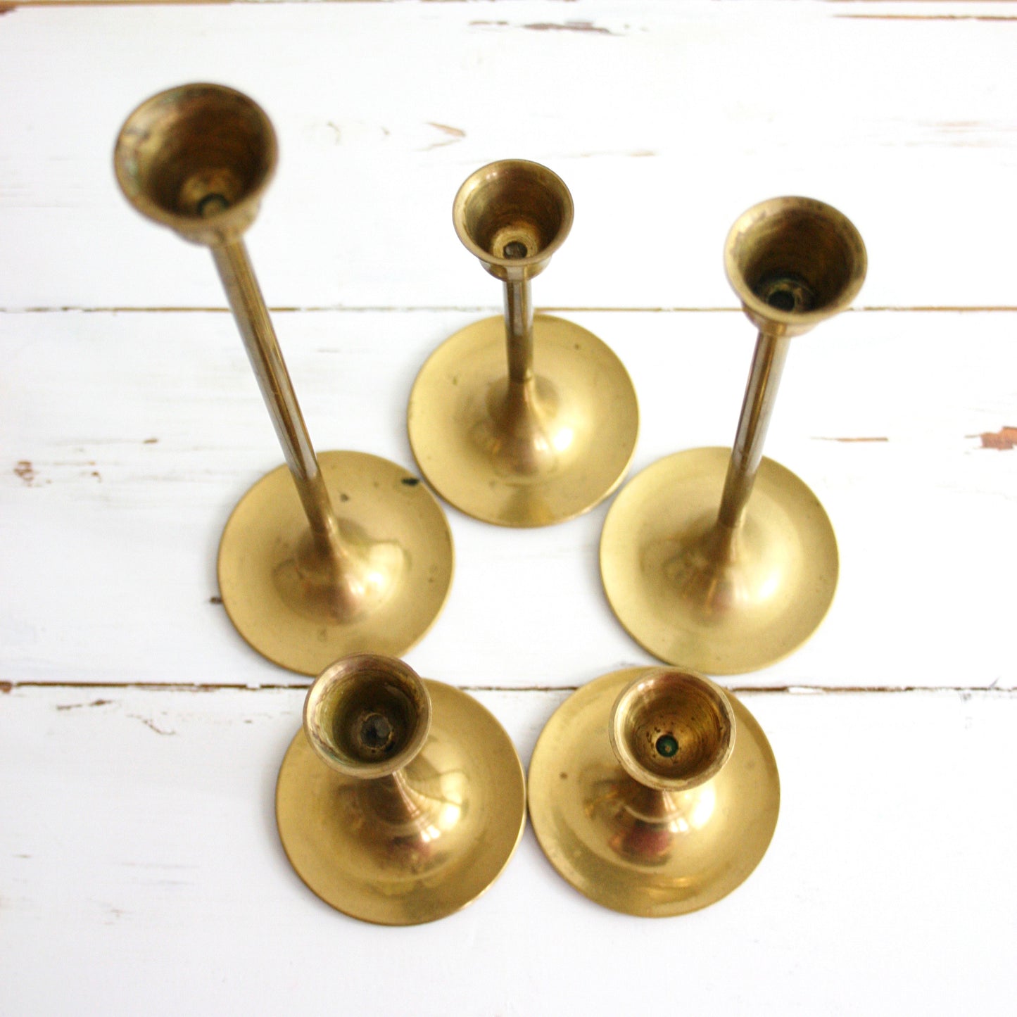 SOLD - Vintage Graduated Brass Candlesticks / Set of Five Mid Century Modern Brass Candlesticks