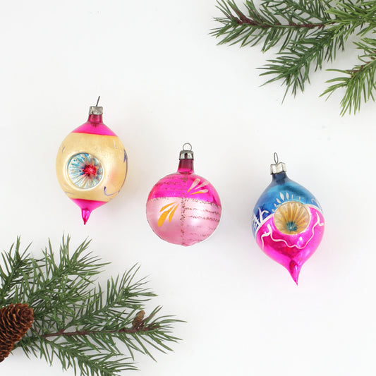 SOLD - Set of 3 Mid Century Magenta Indent Mercury Glass Ornaments