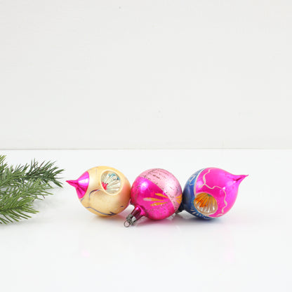 SOLD - Set of 3 Mid Century Magenta Indent Mercury Glass Ornaments