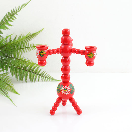 SOLD - Small Vintage Red Swedish Wood Ball Candelabra